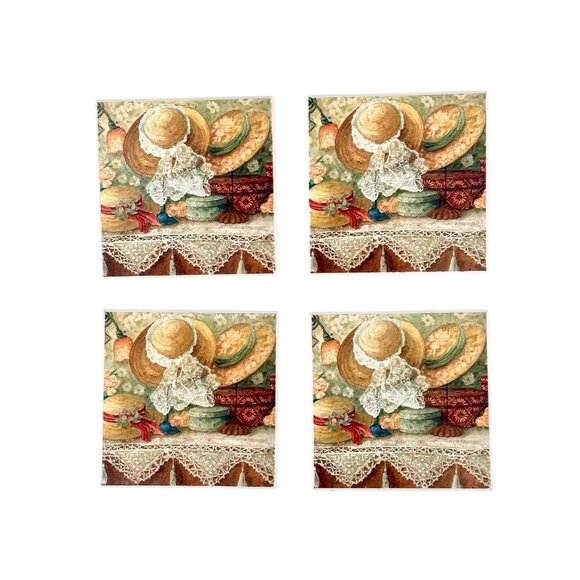 Vintage Anna Krajewski Tile Cork Coasters Set Of 4 With Wood Case Country Hats - Picture 9 of 11
